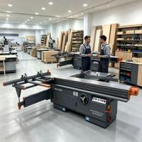 Scie à panneaux professionnelle à table coulissante avec lame de rainurage et inclinaison à 45 degrés pour la fabrication de meubles en bois