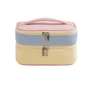 Double Layer Corduroy Travel Makeup Bag With Compartments For Brushes Large Capacity Tote Bag For Trip - Product Image 5