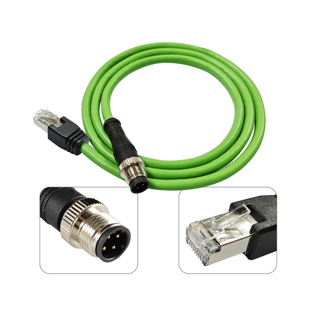 4 Pin M12 D Code to RJ45 Shielded CAT5e Green Ethernet Cable Copper Conductor for Industrial Applications