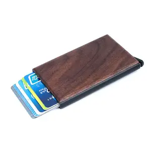 Dompet kartu kredit pemblokir RFID, dompet penyimpan kartu kredit otomatis muncul dengan kotak logam, penyimpan kartu kayu, Logo kustom saku depan