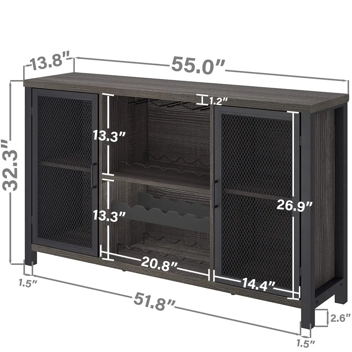 Keukenopbergplank 13.8d X 55W X 32.3H Industriële Wijnbarkast Met Tafelblad, Glashouder, Opberglade En Wijnopslag Voor De Woonkamer