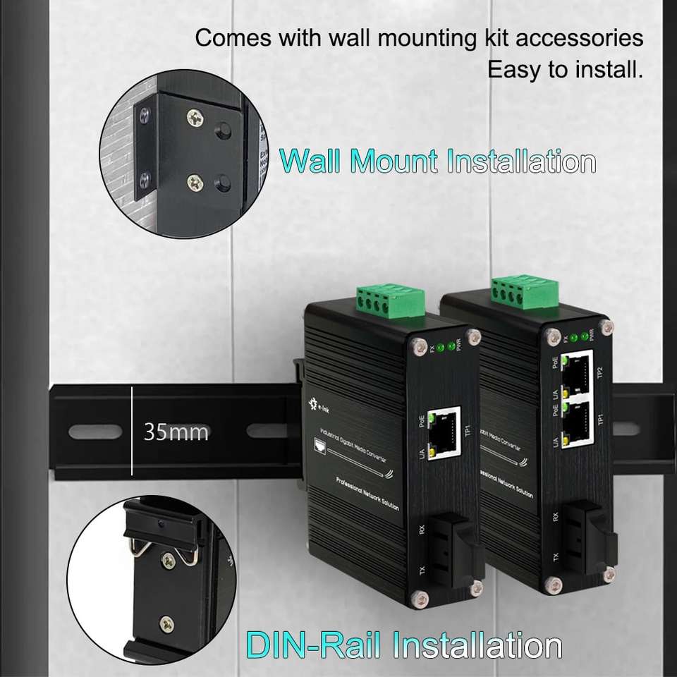 Industrial Gigabit PoE++ Media Converter with SC Fiber to Dual RJ45 Ports and 90W Power