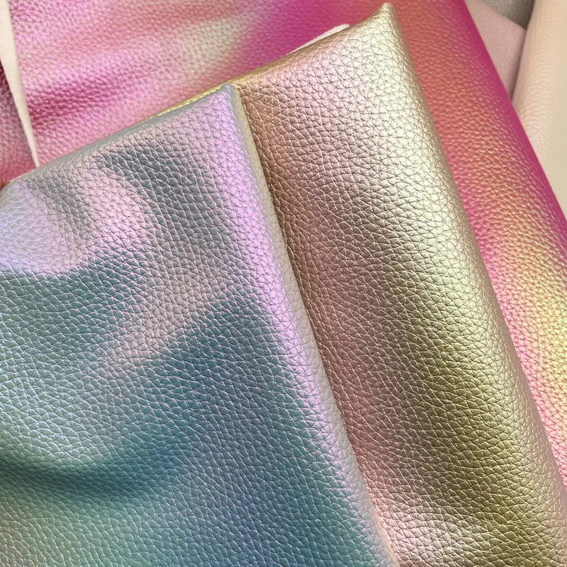 Iridescent Pearl Litchi Embossed Holographic Metallic pu Synthetic Leather For Bags