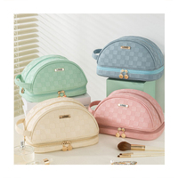 Trousse de Maquillage en Cuir PU Double Couche à Motif Damier avec Porte-Pinceaux, Organisateur de Voyage pour Articles de Toilette et Crèmes