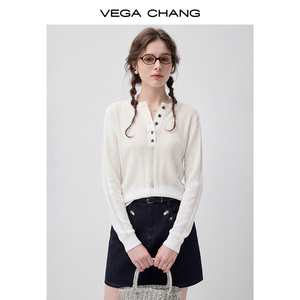 Haut en tricot léger décontracté pour femme VEGA CHANG, blanc crème, avec col Henley, demi-boutons et texture ajourée, manches longues - Product Image 4