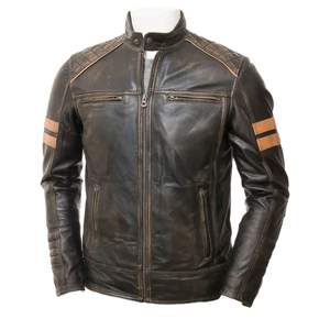 Chaqueta de Motociclista de Cuero Marrón Desgastado para Hombre con Rayas de Carreras - Product Image 1