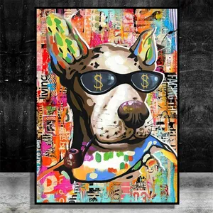 ציור קיר התקנה קלה HD כסף כלב גרפיטי מצחיק בעלי חיים רחוב אמנות קיר דקור תמונה צבעונית תלוי ציור
