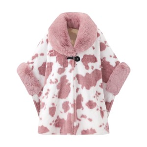 Cape de luxe pour femme à motif vache, col à revers doux, châle en fausse fourrure de lapin, cape ouverte sur le devant pour sorties décontractées et dîners - Product Image 1
