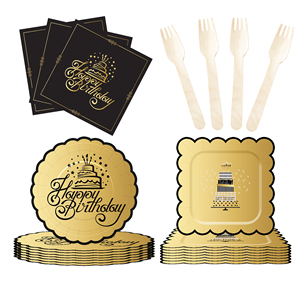 DAMAI Nuevo Diseño Dorado y Negro, Juego de Vajilla Desechable para Fiesta de Cumpleaños, Platos, Servilletas y Vasos de Papel, para 8 Personas - Product Image 3