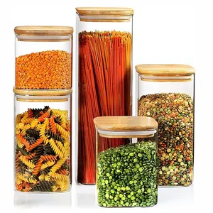 Boîte à épices en verre Borosilicate avec couvercle en <span class=keywords><strong>bambou</strong></span>, récipient carré serré à l'air, pour bonbons, biscuits, pâtes, ml - Product Image 3