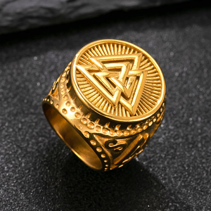 Bague nordique en acier inoxydable plaqué or véritable, style punk vintage, finition antique, bijou gravé, résistant au ternissement - Product Image 3