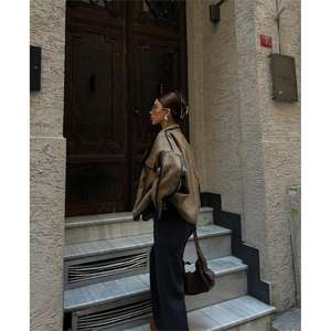 Autumn & Spring <b>Ladies</b> Cashmere <b>Crop</b> <b>Jacket</b> with Sheep Skin Leather Trim Brown Custom Logo Dyed Satin Silk Lining Short Length - Product Image 2