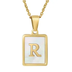 Kalung huruf R wanita, perhiasan minimalis baja tahan karat alfabet kotak inisial alami