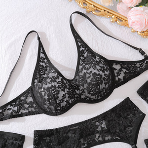 Lencería Erótica Transparente con Bordado Floral en Color Sólido, Conjunto de Lencería con Encaje y Aro de Acero - Product Image 4