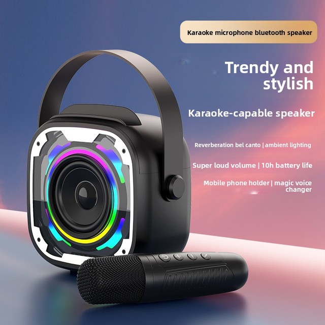 Trendy Stylish Portable Wireless BT speaker Karaoke Microphone RGB LED Ambient Light Subwoofer Bass Phone Holder Voice