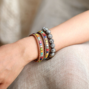 Turquoise Blue Geometric Beaded Bracelet Copper Alloy Channel Setting Leather Wrap Gift Jewelry - Product Image 4