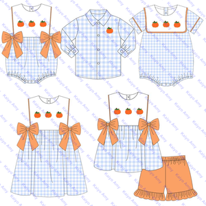 Logo personalizzato <span class=keywords><strong>zucca</strong></span> intrecciata in cotone a quadretti per bambini abiti <span class=keywords><strong>da</strong></span> <span class=keywords><strong>bambina</strong></span> abbinati pagliaccetti a bolle per neonato - Product Image 1