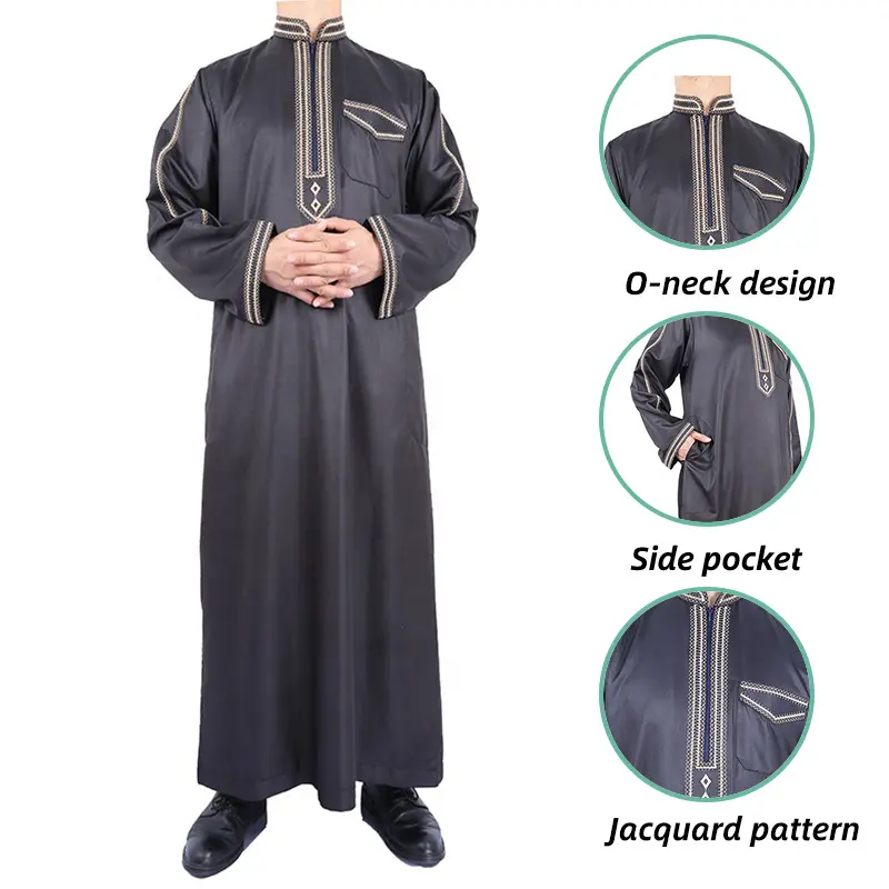 Pabrik profesional dicuci kasmir bordir kerah jubah Arab musim gugur musim dingin Slim-fit pakaian Muslin