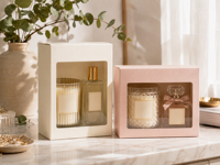 Boîte en papier de luxe avec logo personnalisé, fenêtre transparente en PVC, estampage à chaud doré, emballage cadeau pour bougies, parfums, cosmétiques