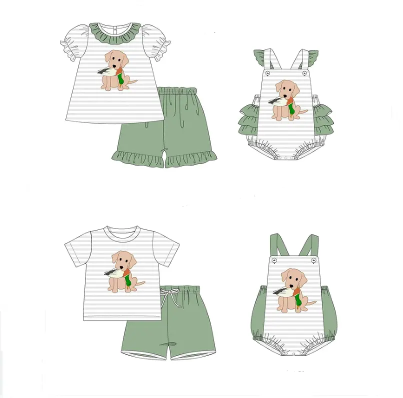 La última ropa de bebé, apliques de perro verde, pantalones cortos de caza, conjuntos de ropa de verano de Boutique para Niñas para niños
