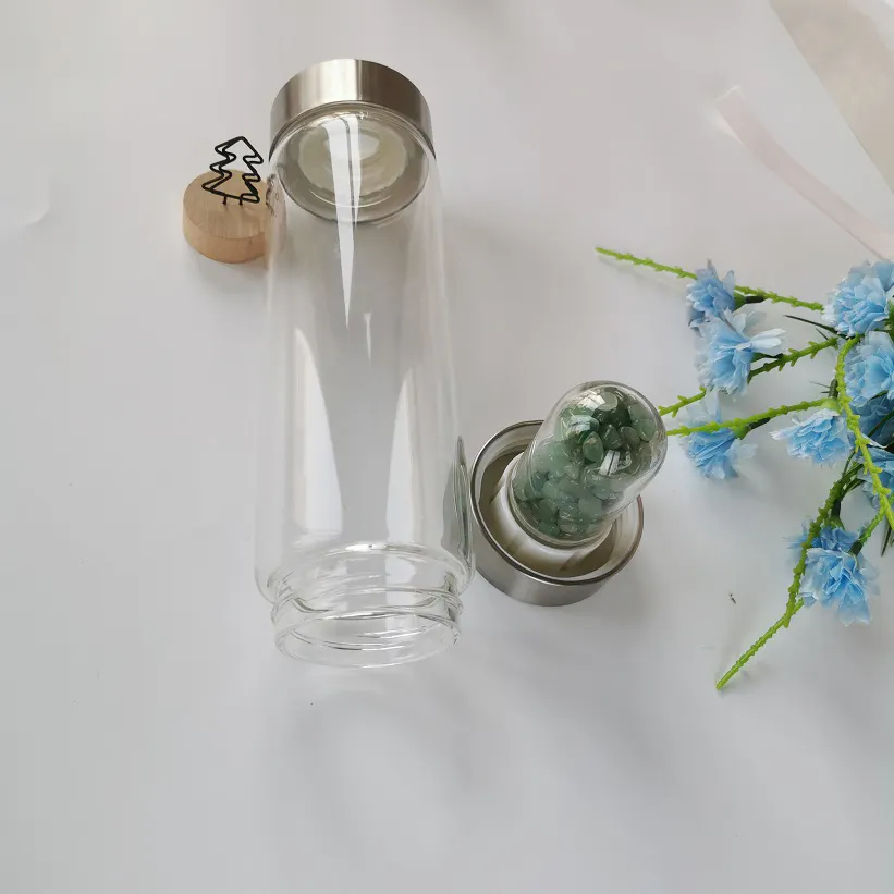 Yüksek kaliteli silindir cam şişe paslanmaz çelik kapaklı doğal kristal enerji taşı içecek bardağı su şişeleri