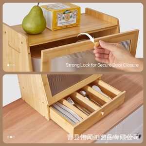 Caja de pan de madera de bambú con cajón y puerta, tamaño pequeño, contenedor de almacenamiento de alimentos para encimera de cocina - Product Image 3