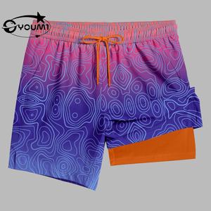 شورت سباحة رجالي من YOUMI مخصص بتصميم OEM، مرن من أربع جهات، مضاد للأشعة فوق البنفسجية، طباعة كاملة 2 في 1، مصنوع من السباندكس/البوليستر للشاطئ - Product Image 1
