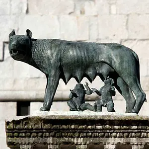 户外青铜动物雕塑仿古罗马著名真人大小动物青铜狼和儿童雕塑