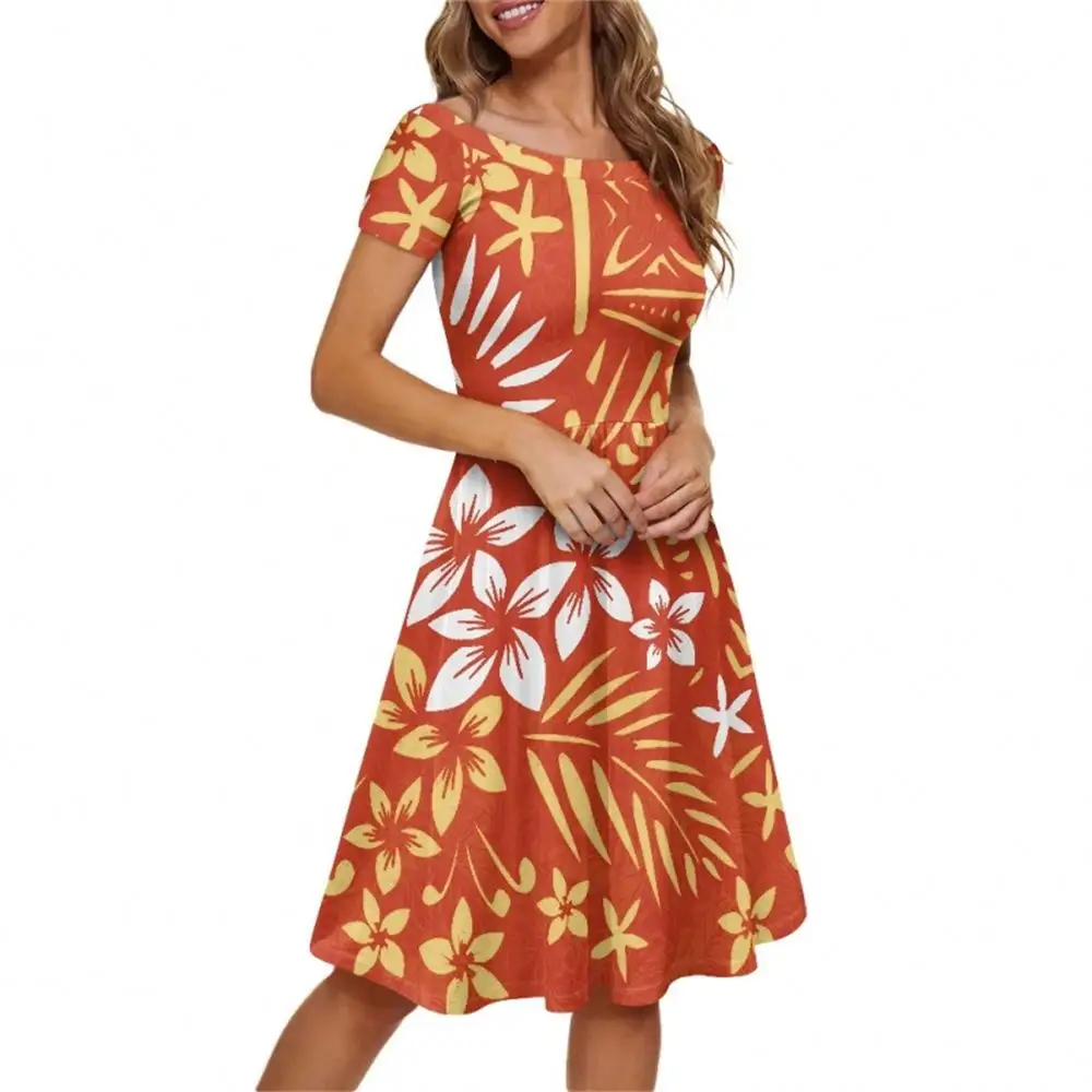 Vestido de línea A con hombros descubiertos para mujer elegante con estampado de flores hawaianas tribales polinesias personalizadas ropa de las islas de Asia y el Pacífico