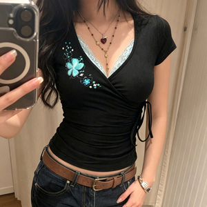 Vintage Retro Colorblock Floral Embroidery Sequins V Neck Tee Pure Sexy Flattering Waist Tie Lace Trim <b>Top</b> - Product Image 2