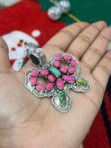 COLLECTION DE NOËL PENDENT EN ARGENT STERLING FAIT MAIN ROSE CHAUD AVEC TURQUOISE DE LA CHAUSSURE DE SONORAN - Product Image 2