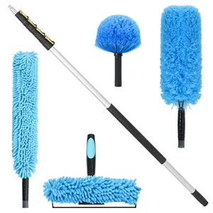 Kit de nettoyage léger et robuste brosse à fenêtre raclette toile d'araignée plumeaux en microfibre avec poteau télescopique en aluminium de 6 à 24 pieds