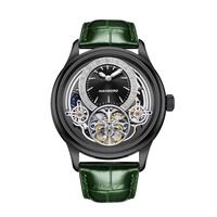 Montre mécanique de luxe pour homme, automatique, à boîtier circulaire noir, cadran squelette ouvert, lunette décorative, bracelet en cuir vert foncé