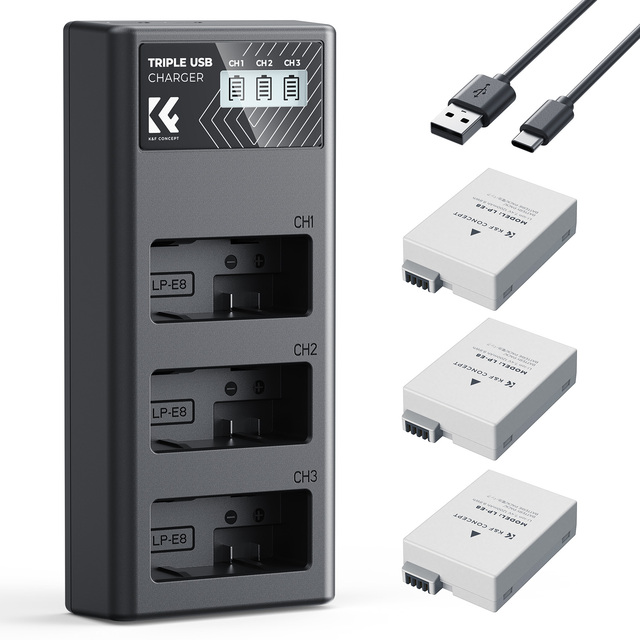 K&F Concept Suitable for Canon EOS Rebel T2i T3i T4i, 3-Slot LCD Charger and 3-Pack Rechargeable LP-E8 Canon Camera Battery Set