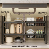 Étagère de rangement sous l'évier à 2 niveaux noire, extensible, en acier au carbone, avec étagères réglables en hauteur