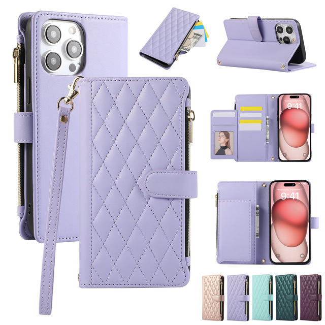 For IPhone16 Zipper Bag Samsung S24 A05 A15 A25 Card Lady Luxury Wallet Leather Buckle Magnetic Shell Phone Case