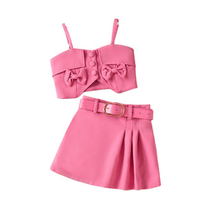 Conjunto de Verano para Niñas Estilo Europeo y Americano, Top con Tirantes, Falda Corta con Lazo y Cinturón, Tres Piezas - Product Image 5
