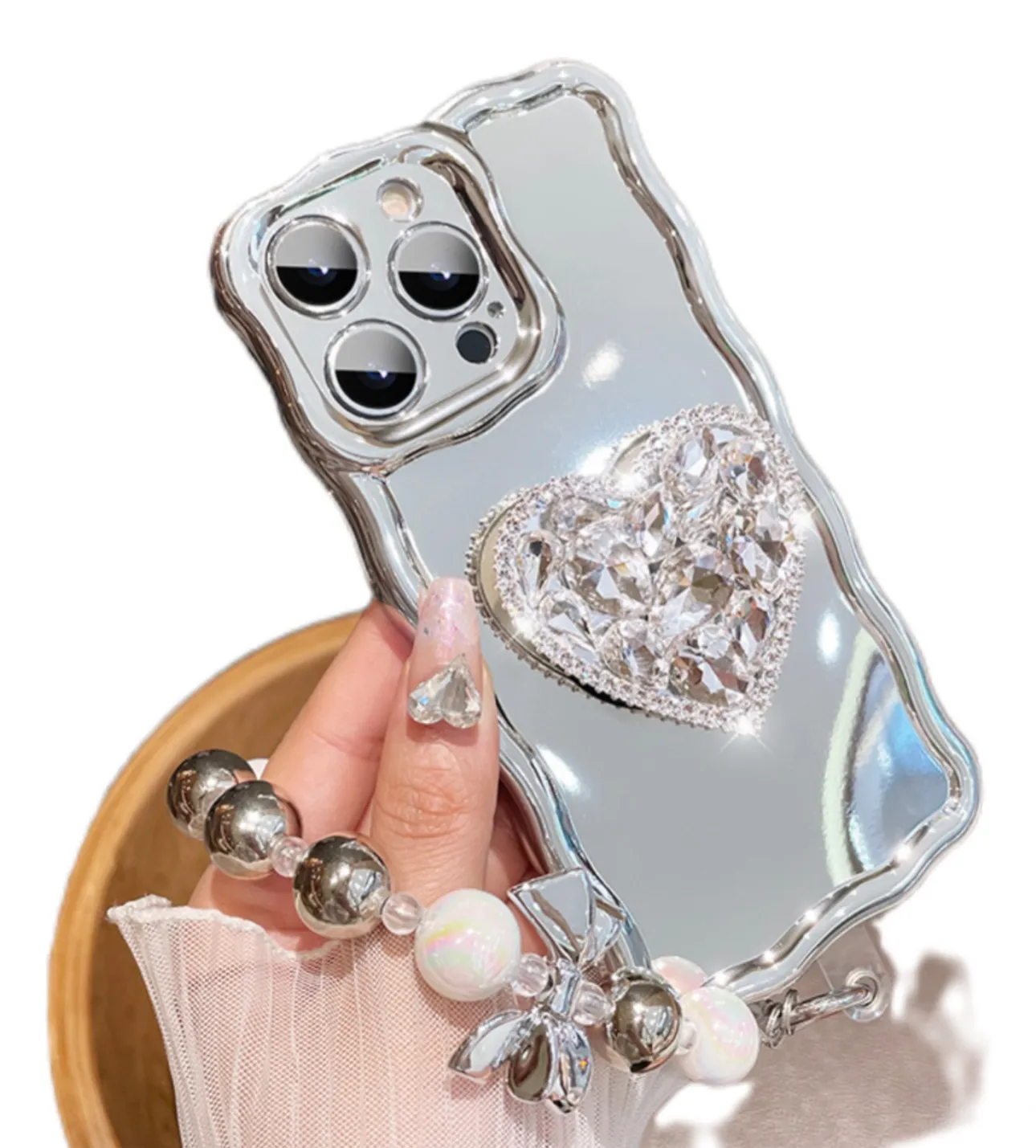 Glitter Big Heart Princess Plating Phone para 15 14 13 12 11 Pro Wave Stand Holder Case