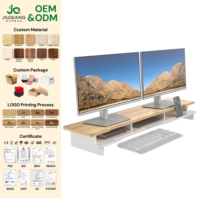 JQ Wood Desk Shelf Storage Organizer with Phone Tablet Holder Monitor Stand Dual Monitor Stand Riser for Desk