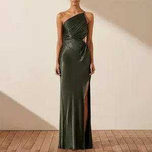 Neueste Designs Schräge Schulter Moos Grün Sexy Ärmellose Satin Party Maxi Grün Hochzeit Brautjungfer kleid