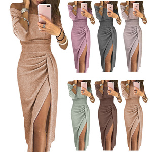 女性脱肩紧身连衣裙长袖褶缝闪光舞会礼服鸡尾酒会晚礼服 - Product Image 1