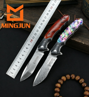 Couteau pliant en acier de Damas avec manche en coquille, couteau de survie d'extérieur, couteau de poche utilitaire, EDC, camping, chasse