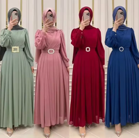 Robe musulmane pour femme de Dubaï, manches longues, col rond, couleur unie, en mousseline de soie, Abya avec ceinture