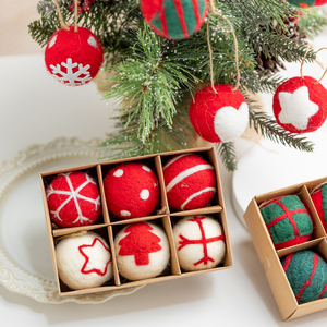 6 Christmas Handmade Felt Balls, <b>Red</b>, Green and White Felt Ball Snowflake Stars <b>Ornaments</b>, Farmhouse Christmas Tree Decorations - Product Image 2