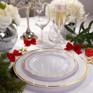102 Platos Desechables de Plástico Dorado Resistentes para Fiestas y Bodas, 10.25 Pulgadas para Cena, 7.5 Pulgadas para Postre/Aperitivo, Elegantes y Blancos - Product Image 2