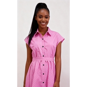 Summer Women's Striped Shirt Collar Short Sleeve Waist-cinched Button-<b>down</b> Dresses Fashion - Product Image 3