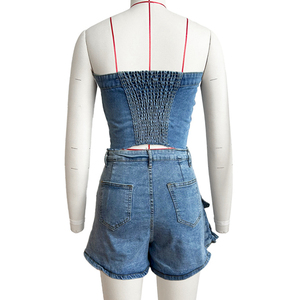 Conjunto de Top Corto sin Tirantes con Botones y Pantalones Cortos Tipo Falda, Estilo Chic, Tallas S-XXL, Conjunto de Dos Piezas de Mezclilla para <span class=keywords><strong>Mujer</strong></span> - Product Image 3