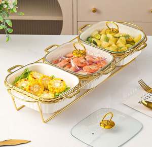 <span class=keywords><strong>Tres</strong></span> ollas de cerámica para sopa, resistentes a altas temperaturas, dos orejas, rayas cuadradas <span class=keywords><strong>con</strong></span> borde dorado, bandeja para hornear de gran capacidad - Product Image 5