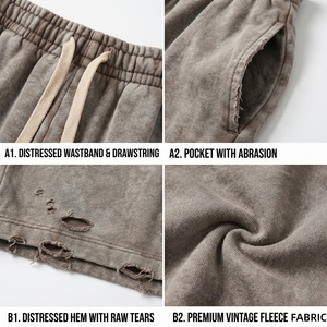 Pantalones cortos de algodón grueso de rizo con dobladillo deshilachado, estilo urbano, precio bajo, al por mayor, para hombre, vintage, lavados, de sudadera - Product Image 2