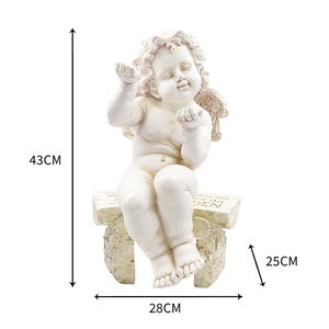 Statua in Resina di Cherubino che Saluta da una Panchina, Bianco Antico, Piccola Figurina d'Angelo, Scultura Decorativa per Giardino - Product Image 6